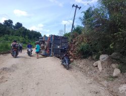 Mobil Pengangkut Sawit Terbalik Akibat Jalan Berlubang di Desa Baru Jaya
